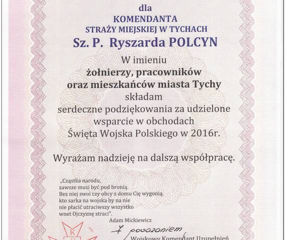 Podziękowania za pomoc w organizacji obchodów Dnia Wojska Polskiego